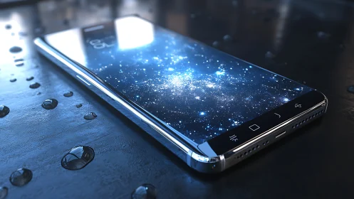 Curved-edge smartphone with cosmic display on wet surface.