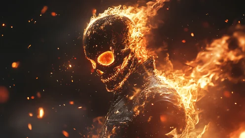 Flaming skull figure in leather jacket on dark background.