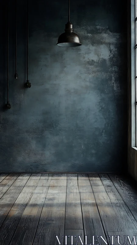Moody loft interior with hanging lamp and worn wood floor.