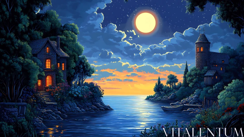 Moonlit Waterside Estate with Dual Tower Architecture Under Nocturnal Sky