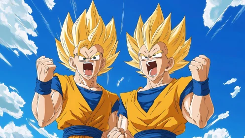 Two anime fighters shout with raised fists under blue sky