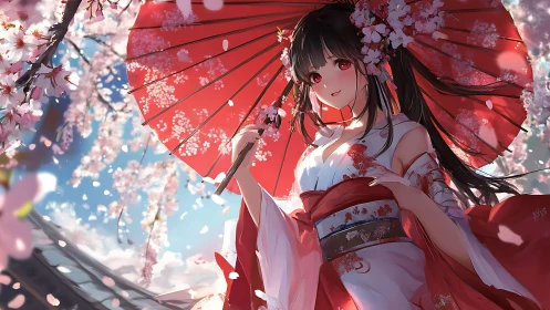 Girl in kimono holds red umbrella under falling cherry blossoms