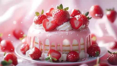 Layered Strawberry Cake with Pink Drip Glaze and Fresh Fruit Garnish
