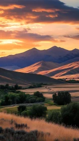 Layered valley landscape under warm directional sunset lighting