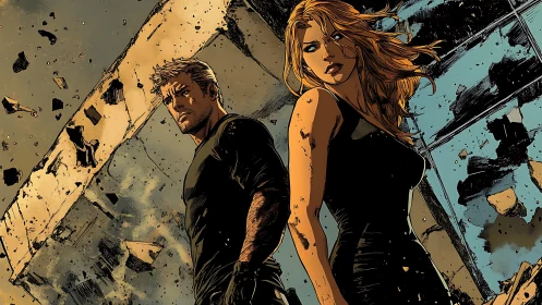 Two determined heroes stand amid collapsing concrete ruins.