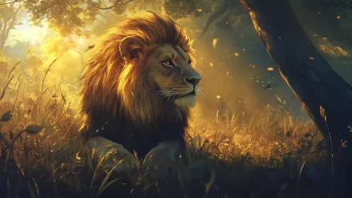 Golden sunlight rests gently on a calm, watchful lion