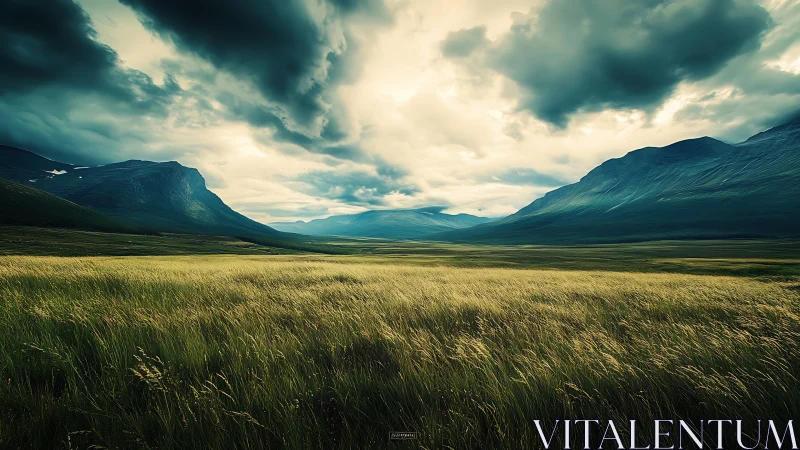 Calm valley grasslands beneath restless storm clouds.