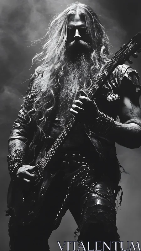 High contrast portrait of metal guitarist with chains and leather armor