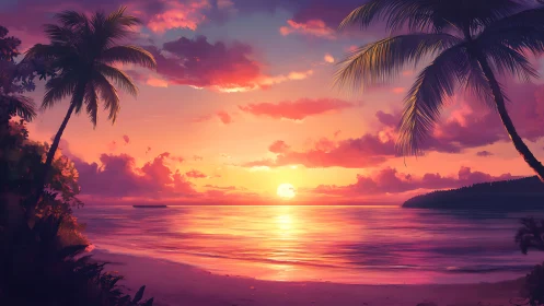 Tropical dusk lagoon where molten skies kiss quiet waves.