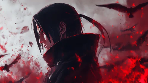 Solitary anime warrior stands amid swirling crimson crows