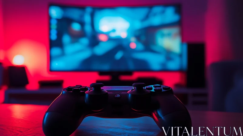 Game controller on desk before screen with neon lighting.