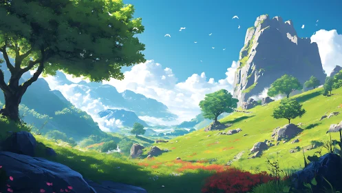 Luminous mountain valley under clear blue summer sky.