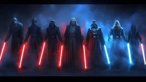 Dark armored warriors stand in mist wielding glowing sabers