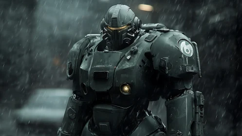 Armored bipedal combat exosuit under dynamic rainfall load.