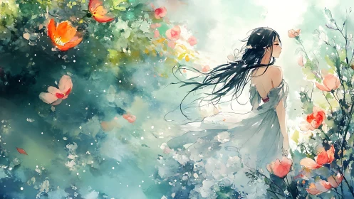 Gentle girl in a dreamy flower garden of soft light.