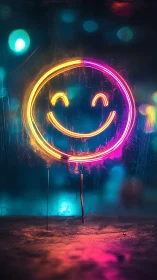 Neon smiley face sign emits vibrant bokeh against wet glass