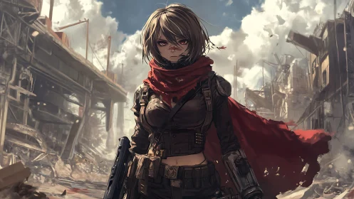 Lone anime warrior strides through ruined city in stormy light