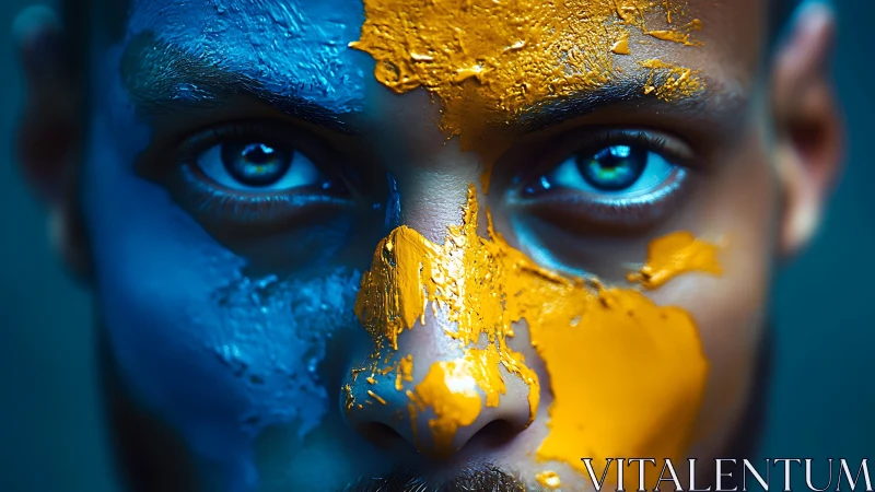 Human face in close-up with blue and yellow paint applied.