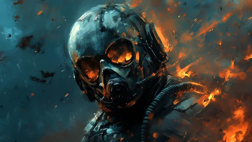 Digital painting of infernal gas mask soldier in molten light.