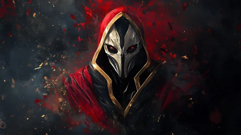Hooded armored figure with metallic mask in red environment.