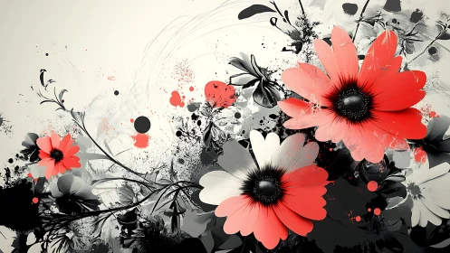 Red and White Gerbera Daisies with Monochromatic Splatter Effects