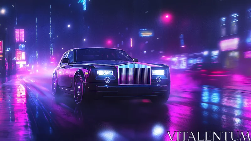 Midnight luxury ride gliding through neon city rain.