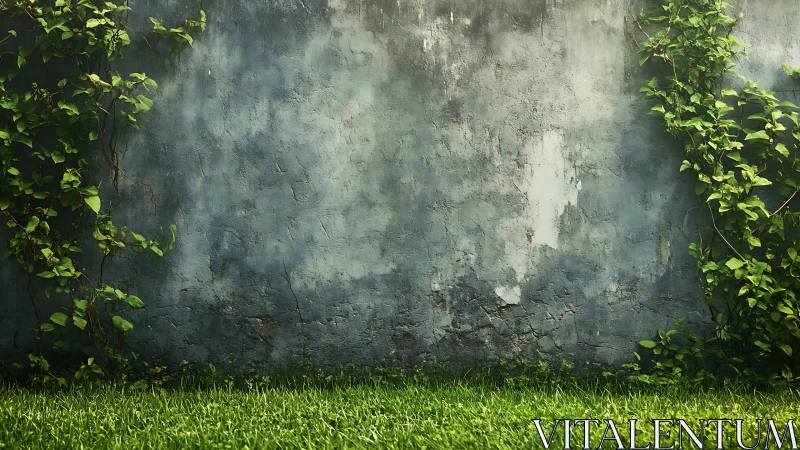 Weathered concrete wall with climbing ivy and trimmed grass