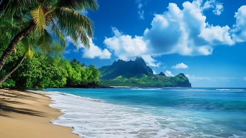 Tropical beach paradise with volcanic mountain coastline.