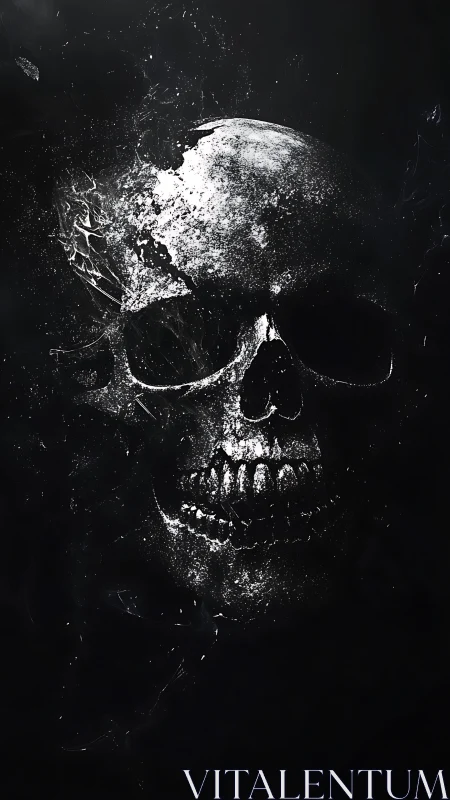 Fragmented monochrome skull dissolves into particulate debris