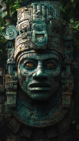Stone Mesoamerican deity mask relief fills vertical frame