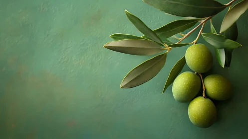 Olive branch with clustered green drupes on teal stucco ground