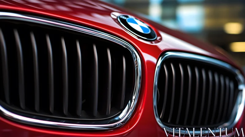 Close-up of Red BMW Car Grille with Glossy Finish in Modern Style.