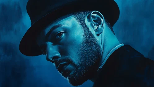 Bearded man in hat rendered in cool blue digital portrait.
