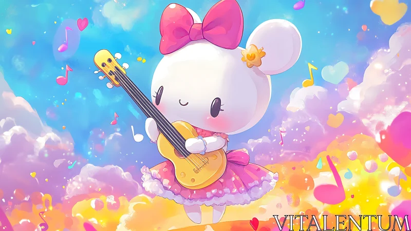 Sparkling bunny idol strums golden guitar in pastel sky.