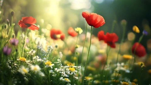 Backlit poppy meadow rendered with shallow depth-of-field optics