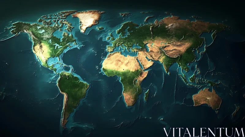 Global landmasses are displayed in shaded 3D relief view