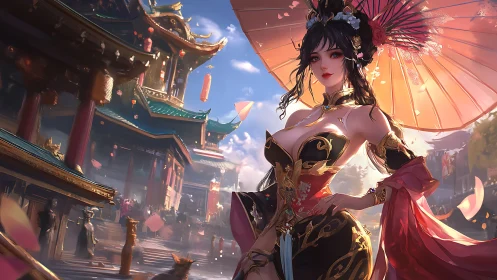 Elegant warrior empress stands amid vibrant temple festival