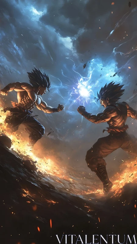 Dual energy combatants in volcanic storm, blue aura clash