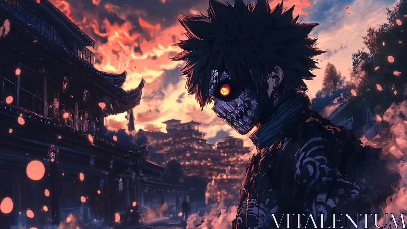 Masked character stands before burning multi-tiered buildings