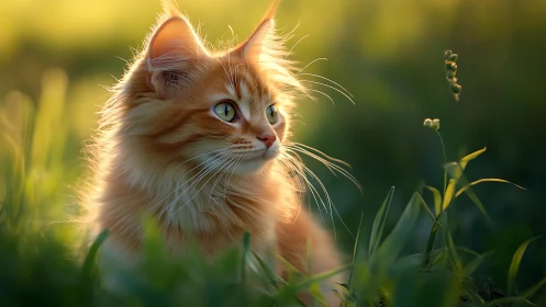 Orange Tabby Cat in Sunlit Grass Field.