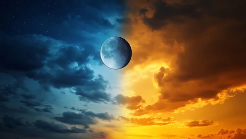 Moon caught between dayfire and nighttide in painted sky.