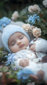 Gentle garden slumber cradles a knit-wrapped dreaming baby.
