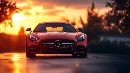 Red Mercedes sports coupe is parked on wet pavement at sunset