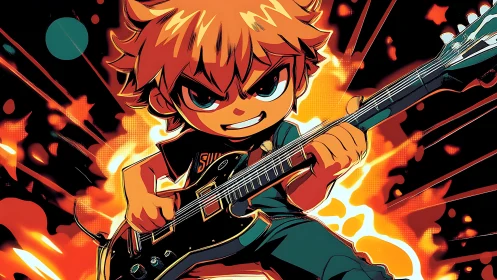 Chibi rock guitarist soloing with bold fiery energy.