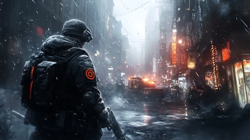 Armed figure in snowy urban street with emergency vehicle present.