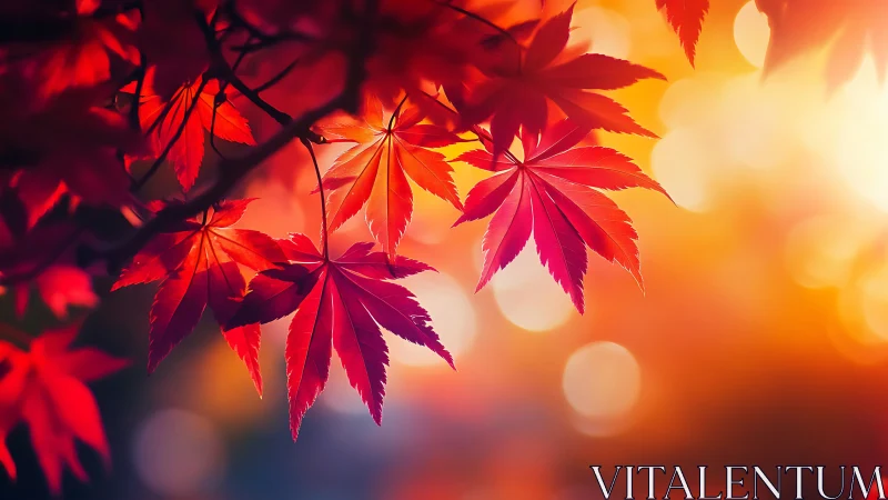 Crimson maple lanterns float against a molten autumn sky.