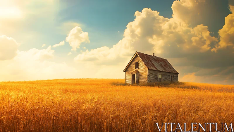 Golden wheat field cottage under a dreamy summer sky.