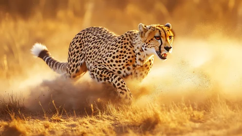 Cheetah sprints through golden dust in blazing savanna light.