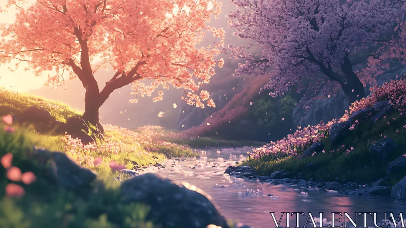 Sunlit cherry blossom riverbank glows in gentle spring light.