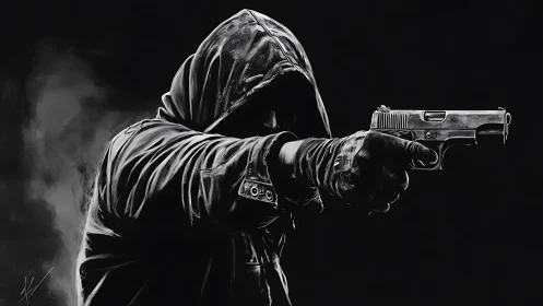 Hooded gunman emerges from darkness in stark monochrome